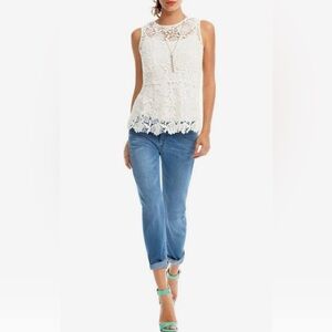 CAbi White Needle Lace Shell Top with Peplum